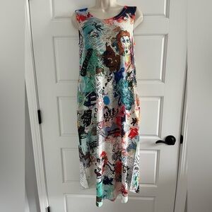 Inoah Art To Wear Sleeveless Dress Artsy Allover Print Stretch Knit MIDI Size XS